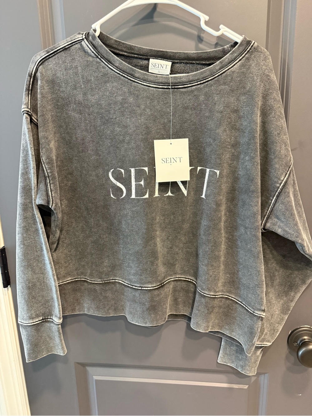 SEINT Washed Gray Crewneck Logo Sweater